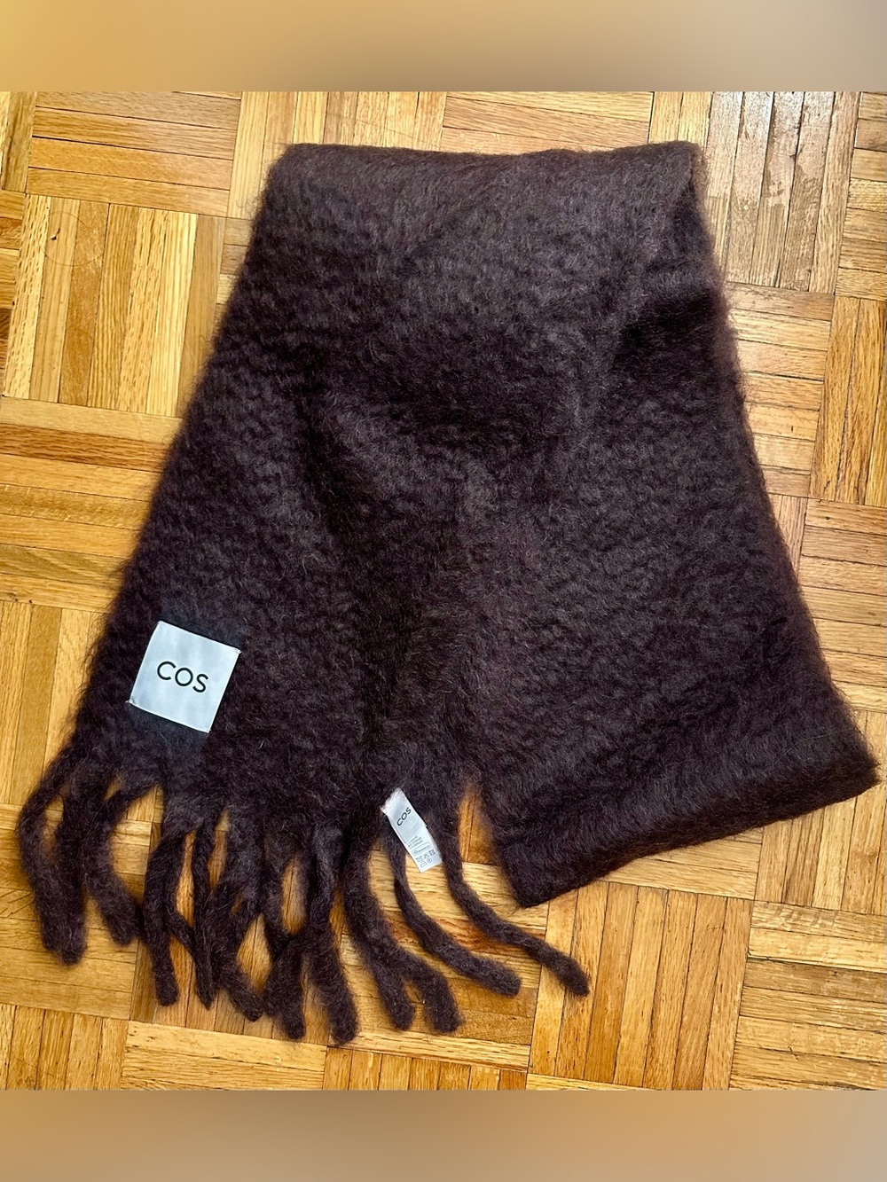 COS mohair wool fringed brushed scarf burgundy deep plum chunky oversized fuzzy - Picture 9 of 14